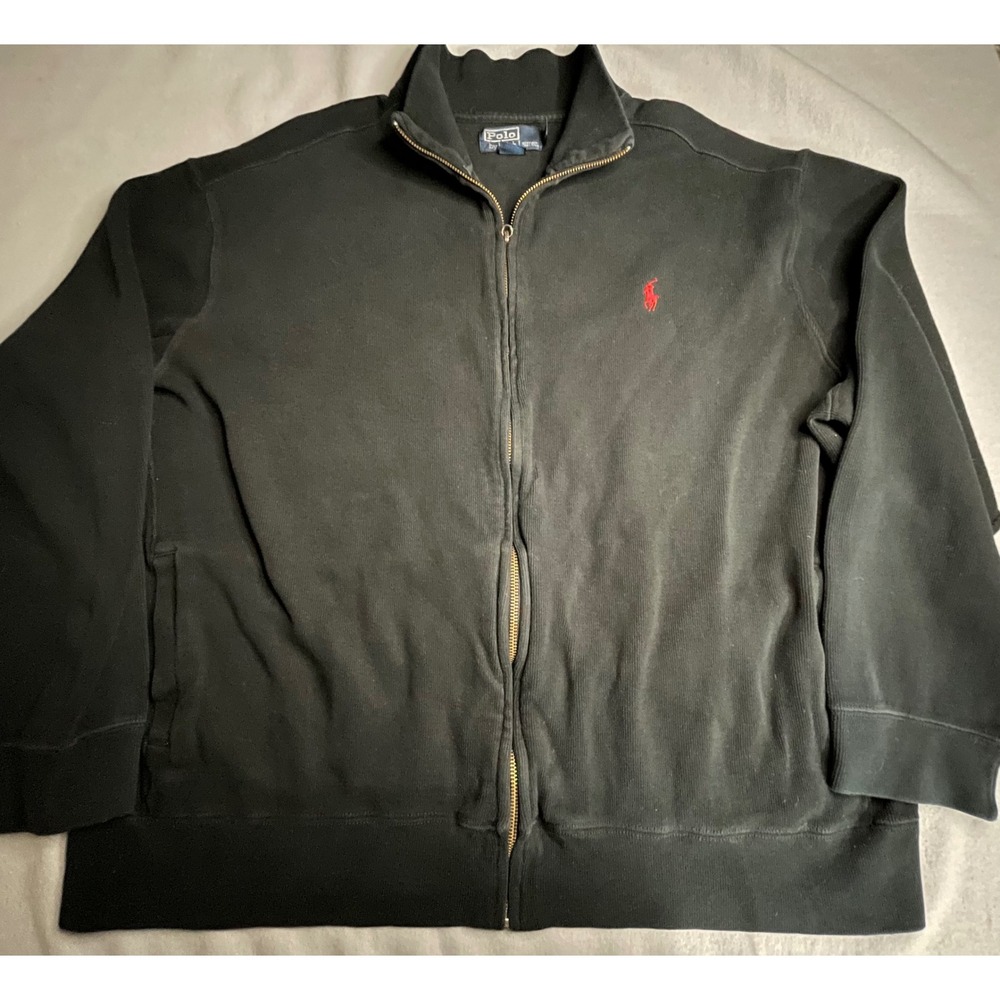 Polo Ralph Lauren Mens XXL Black Ribbed Full Zip Cotton Sweater Red Pony Logo